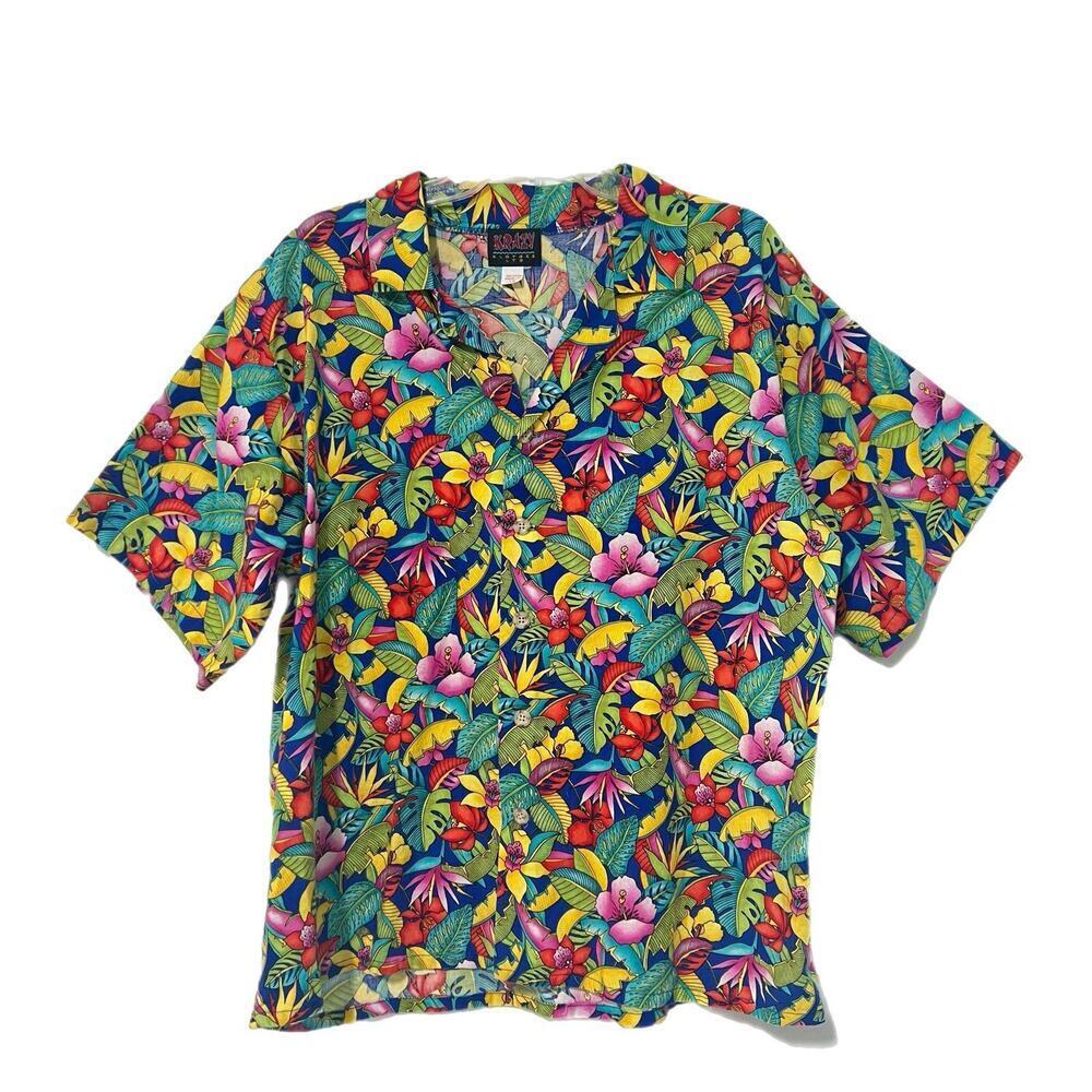 Vintage Krazy Klothes Hawaiian Shirt Mens L/ XL Tropical Button Down Vibrant USA